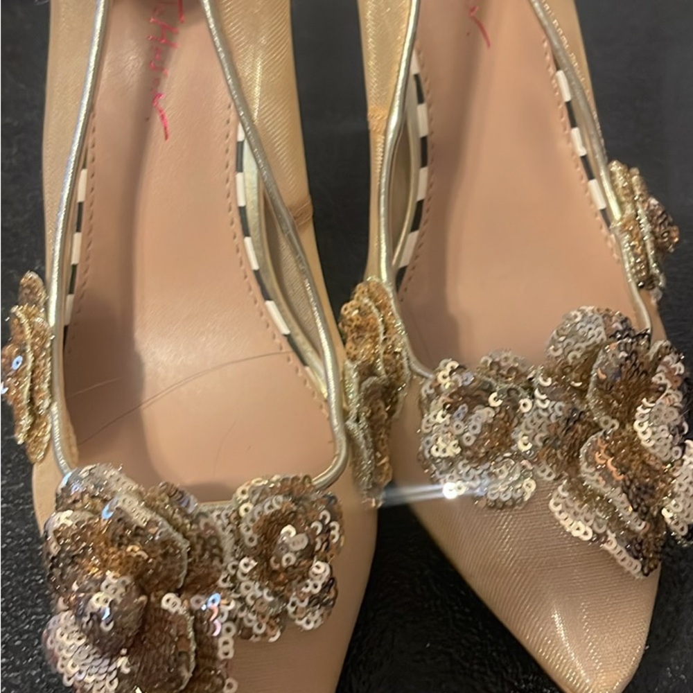Betsey Johnson Gold Sequin Floral Heels